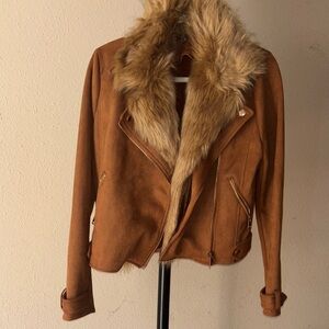 Women's Faux Suede & Fur Collar Brown Jacket NWOT